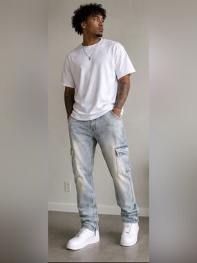 MNML Cargo Jeans Men’s 34 Light Wash Denim Utility Streetwear Y2K